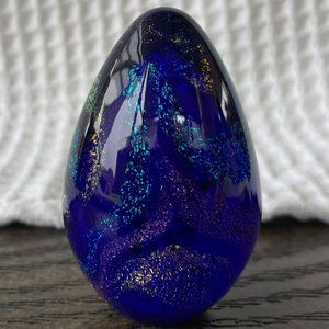 Handblown Egg Glass Art Vintage "GES '96" Iridescent blue & copper
